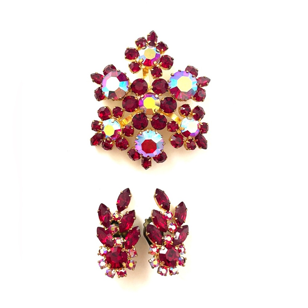 Vintage Austrian Rhinestone AB Crystal Brooch and matching Earrings in Ruby Red